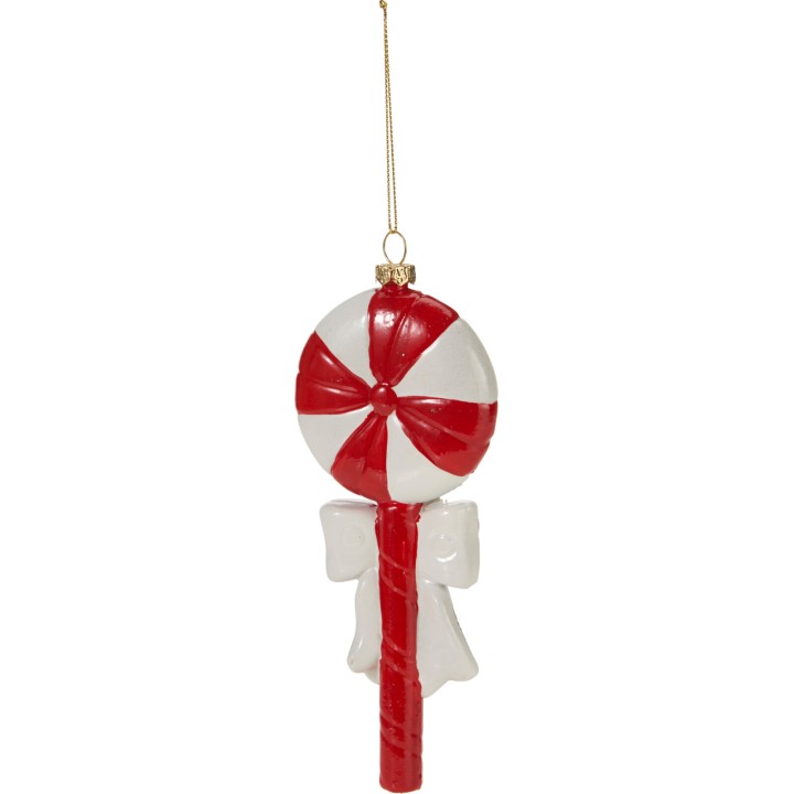 Sucette en verre rouge et blanc, avec un nœud, suspendue par un fil doré.