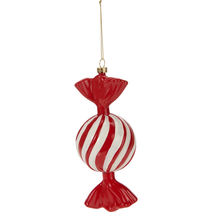 Boule de Noël en forme de bonbon rayé rouge et blanc, brillant et festif.