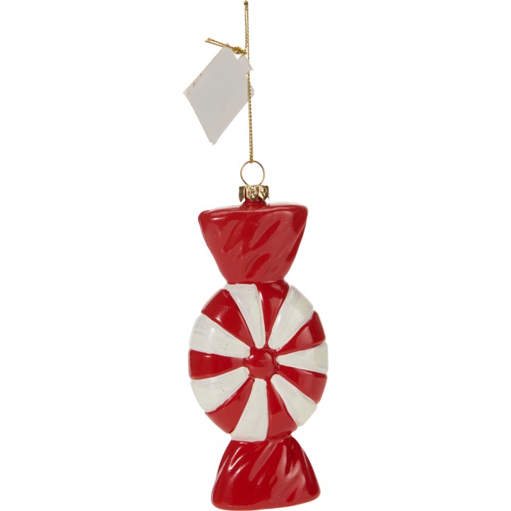Bonbon en verre décoratif, rouge et blanc, brillant, avec une forme ronde et des extrémités ef...