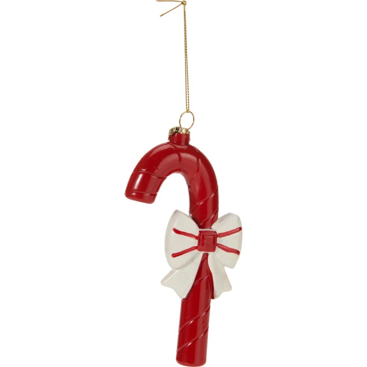 Ornement en verre en forme de canne de Noël rouge avec un nœud blanc.