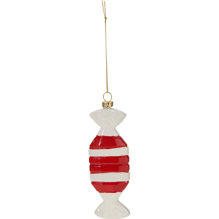 Ornement en forme de bonbon, blanc et rouge, avec des rayures festives, suspendu par un fil doré.