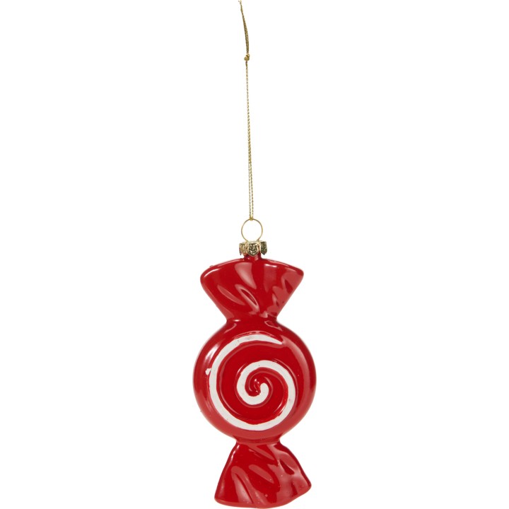 Bonbon rouge brillant avec spirale blanche, suspendu par une fine corde dorée.