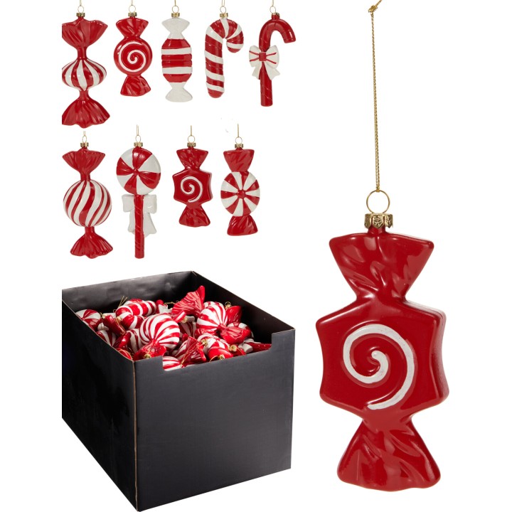 Décorations de Noël en bonbons rouges et blancs, scintillantes et festives dans une boîte.