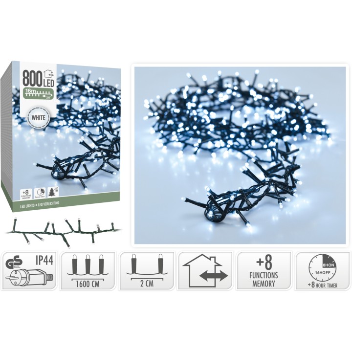 Guirlande lumineuse LED blanche, 800 ampoules sur fil noir, 16 m, plusieurs modes d'éclairage.
