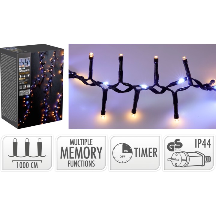 Guirlande lumineuse noire avec ampoules blanches et colorées, idéale pour décorer.