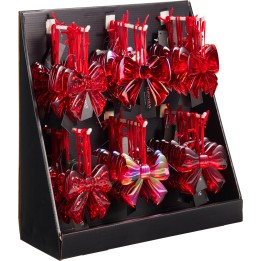 Rangée de nœuds en plastique rouge scintillant, présentés sur un support noir.