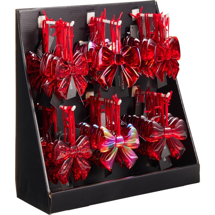 Rangée de nœuds en plastique rouge scintillant, présentés sur un support noir.