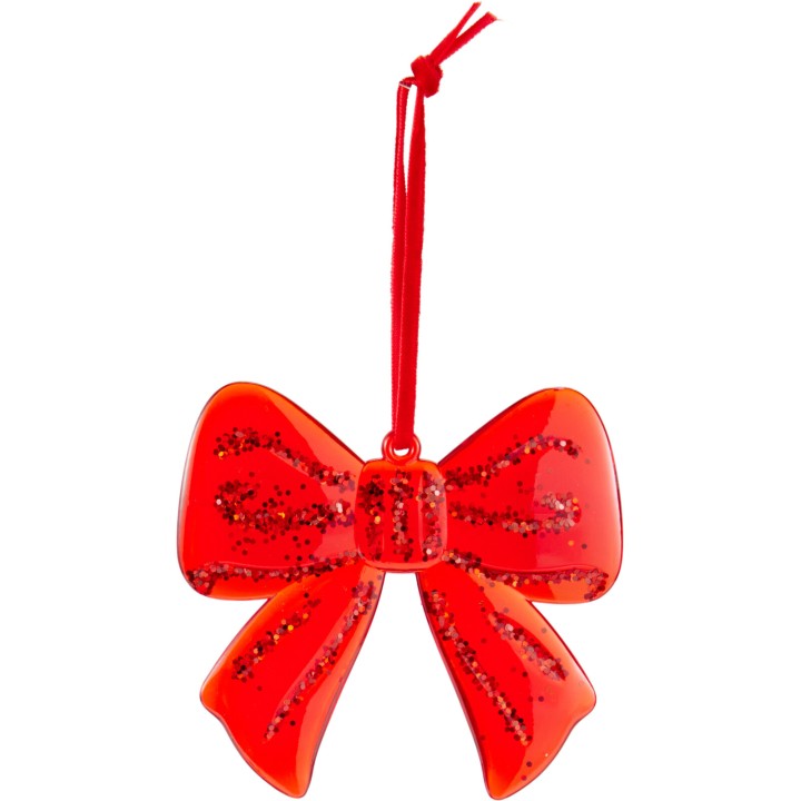 Nœud rouge brillant, orné de paillettes, suspendu par un cordon en satin.
