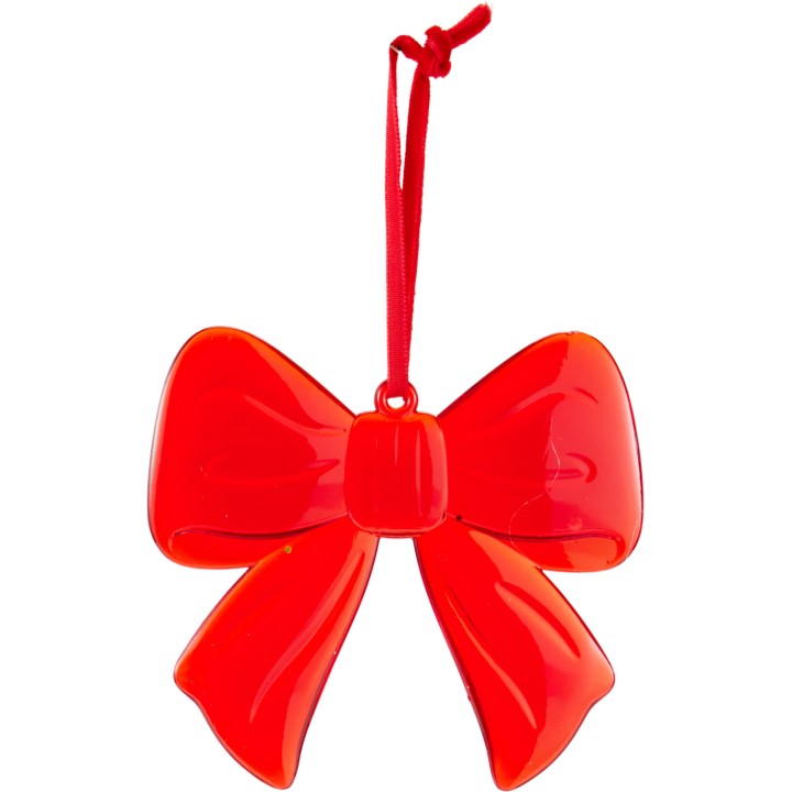 Nœud en plastique brillant rouge, avec un lien en satin, décoratif et festif.