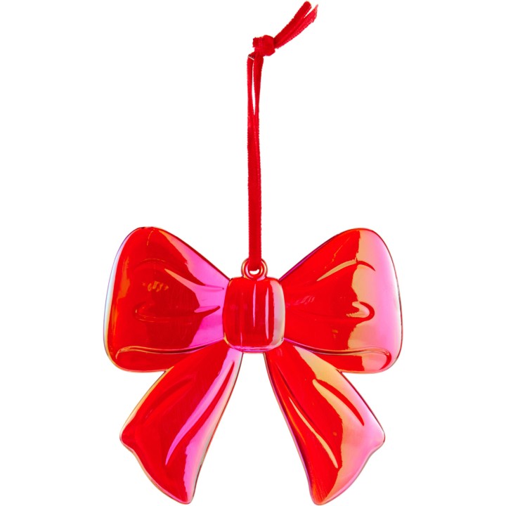 Nœud en plastique rouge brillant, avec un ruban, élégant et festif.