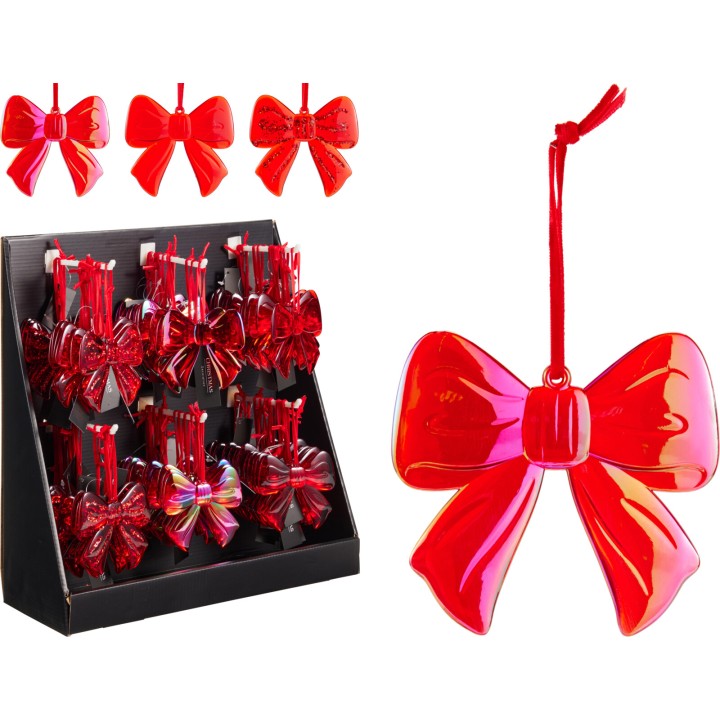 Noeuds rouges brillants en plastique, variés en taille, présentés sur un support noir.