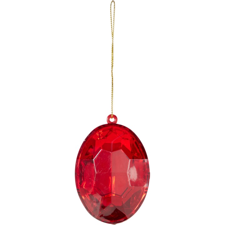 Pendentif ovale en plastique rouge brillant, facetté, avec un fil doré pour suspendre.