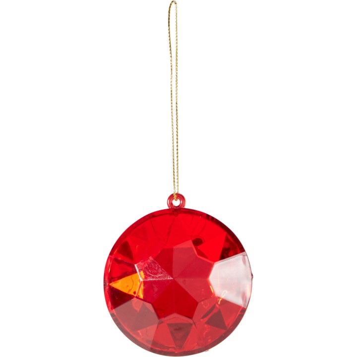 Bijou brillant en forme de rond, rouge vif, avec une finition facettée et un cordon doré.