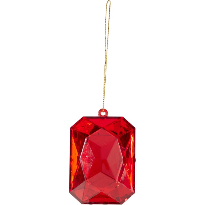 Bijou en forme de gemme rouge, brillant, avec une attache dorée.
