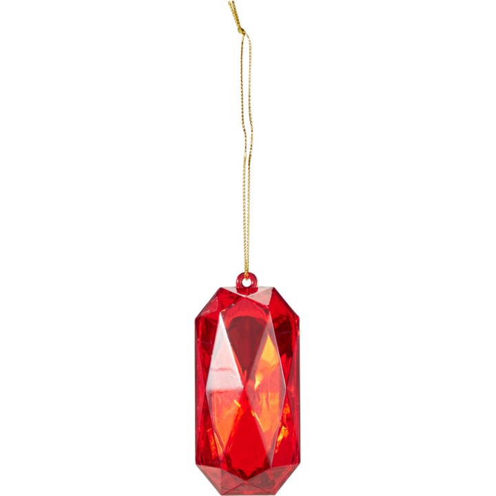 Bijou en plastique rouge, facettes brillantes, suspendu par un cordon doré.
