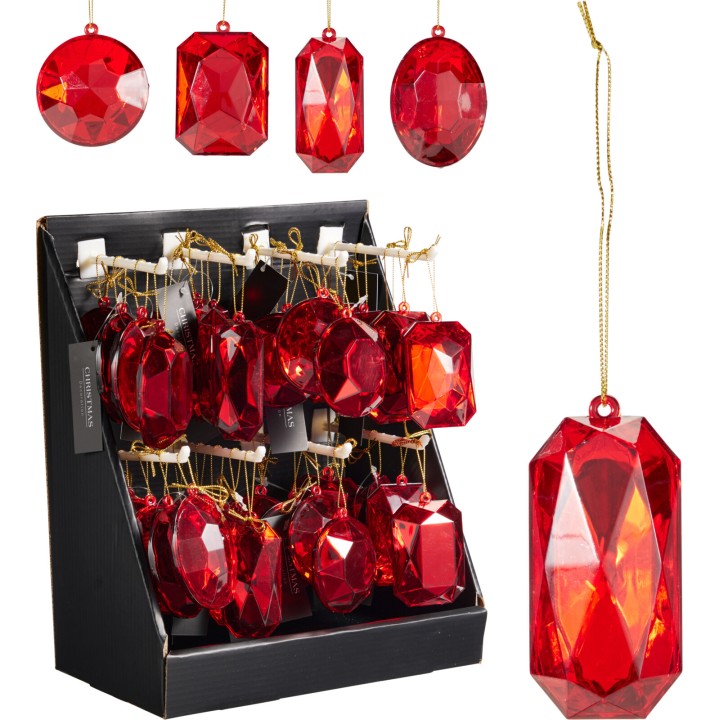 Bijoux décoratifs rouges en forme de gemmes, brillants et scintillants, suspendus avec élégance.