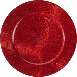 Assiette ronde rouge brillante avec un motif texturé en spirale.