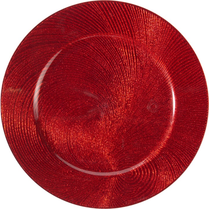Assiette ronde rouge brillante avec un motif texturé en spirale.