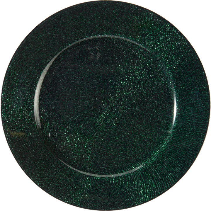 Assiette ronde émaillée, vert profond, scintillante avec des reflets brillants.