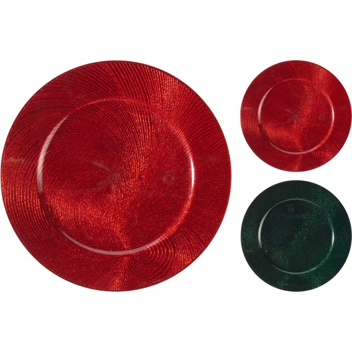 Assiette brillante rouge et verte, motifs ondulés, élégante et festive.