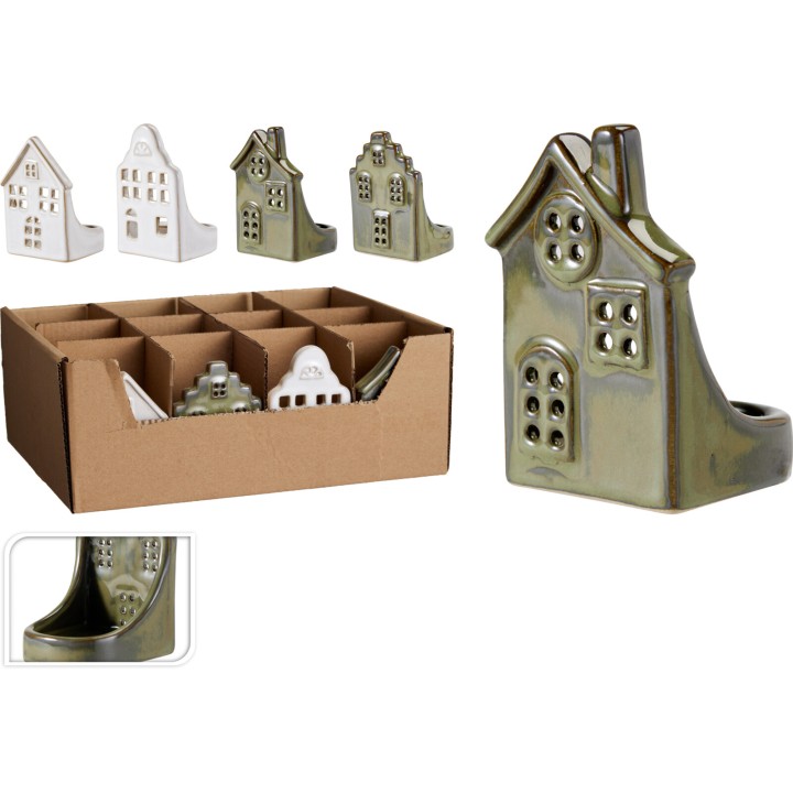 Maisons en céramique colorées, style miniature, dans une boîte en carton.