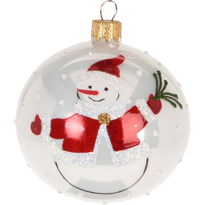 Boule de Noël blanche avec un bonhomme de neige souriant en rouge et or.