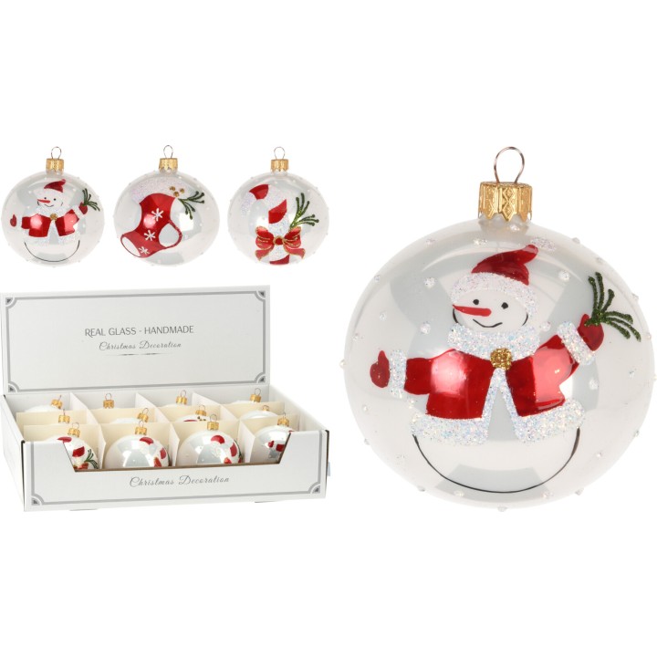 Ornements en verre soufflé, décorés de bonhommes de neige, rouges et blancs, dans une boîte ?...