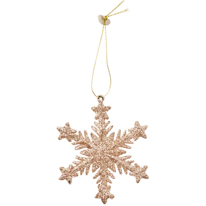Flocon de neige rose scintillant, décoré d'une lanière dorée pour suspendre.