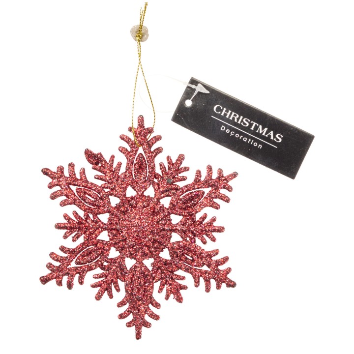Flocon de neige rouge scintillant, suspendu avec une étiquette de décoration de Noël.