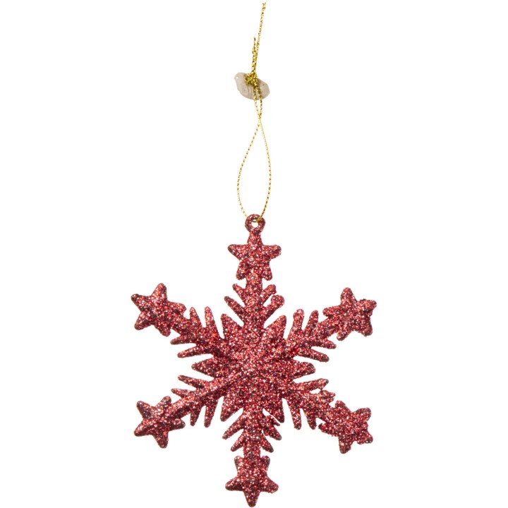 Flocon de neige rose scintillant, décoré d'un fil doré pour suspendre.