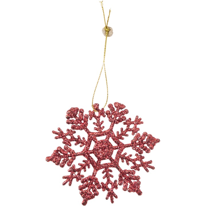 Flocon de neige scintillant en rouge, orné de motifs délicats et suspendu par un fil doré.