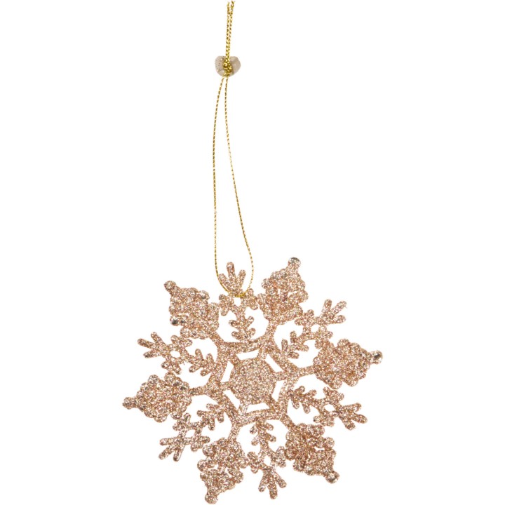 Flocon de neige scintillant en rose doré, suspendu par un fil délicat.