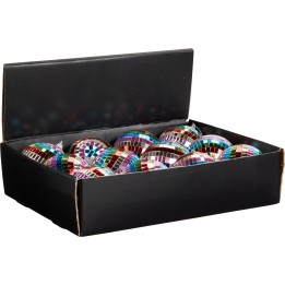 Boîte noire contenant des boules colorées en miroir aux reflets chatoyants.