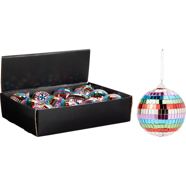 Boule à facettes multicolore, reflet brillant, dans une boîte noire élégante.