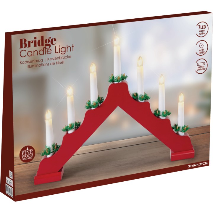 Lumière de bougie rouge en bois, avec sept bougies LED et décorations festives.