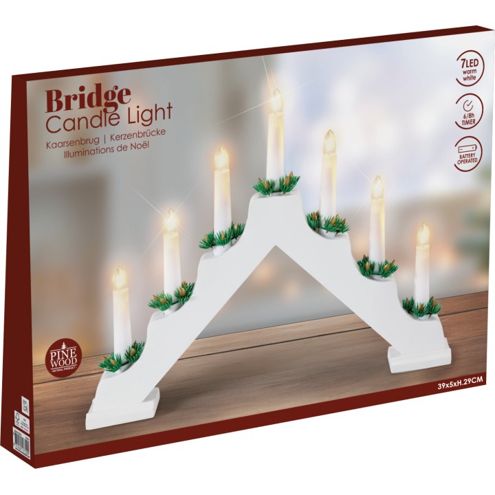 Éclairage de Noël en bois blanc, forme d'arc, avec lumières imitant des bougies.