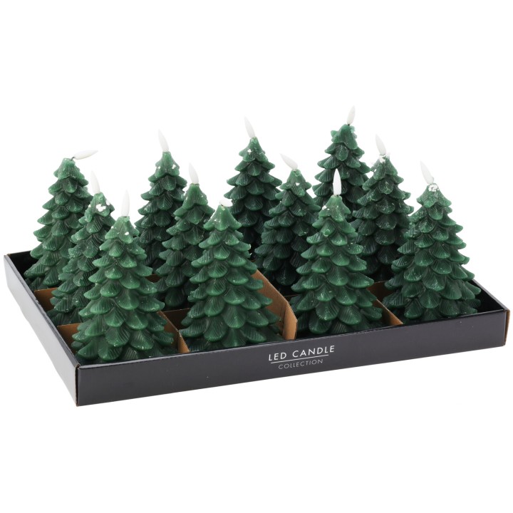 Douze bougies en forme de sapins, vert foncé, sur un fond noir élégant.