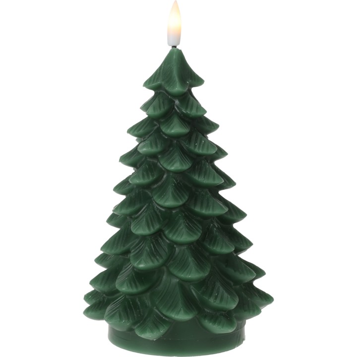 Bougie en forme de sapin, vert profond, décorative avec des feuilles en relief.