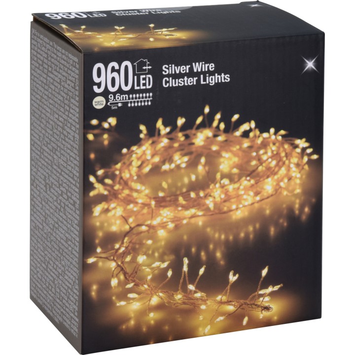 Guirlande lumineuse LED en fil argenté, 960 ampoules, chaleureuses et scintillantes.