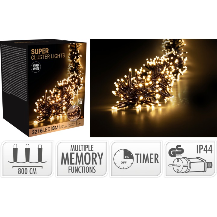 Guirlande lumineuse LED blanche chaude sur fond sombre, avec boîte explicative.
