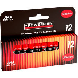 Douze piles AAA dans un emballage rouge et noir, avec inscriptions blanches sur fond rayé.