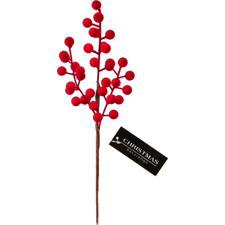 Branche décorative aux baies rouges vibrantes sur un fond marron, étiquetée pour Noël.
