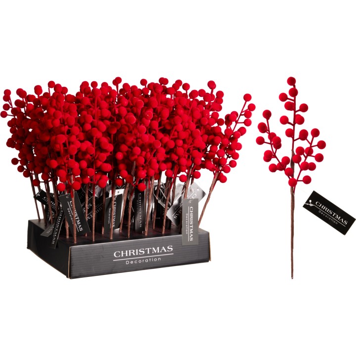 Branches décoratives avec baies rouges, présentées dans un emballage noir. Parfait pour Noël.