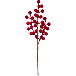 Branche décorative avec des boules rouges et tiges marron, évoquant une ambiance festive.