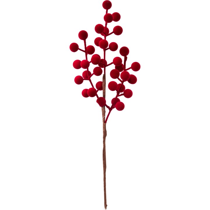 Branche décorative avec des boules rouges et tiges marron, évoquant une ambiance festive.