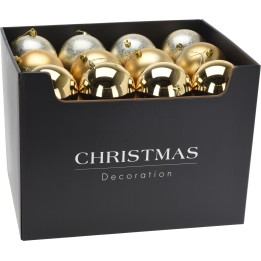 Boîte noire contenant des boules dorées et argentées brillantes pour décorer un sapin de Noël.