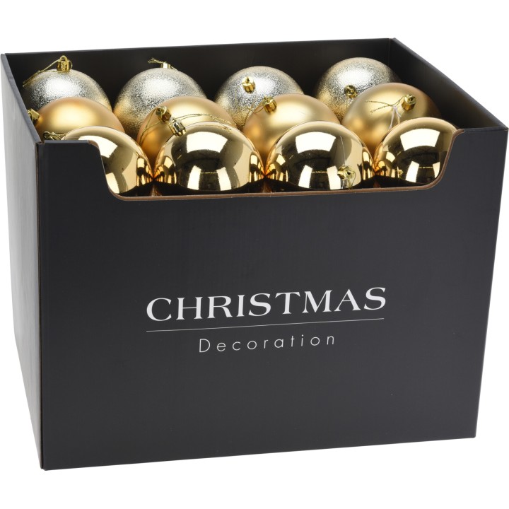 Boîte noire contenant des boules dorées et argentées brillantes pour décorer un sapin de Noël.
