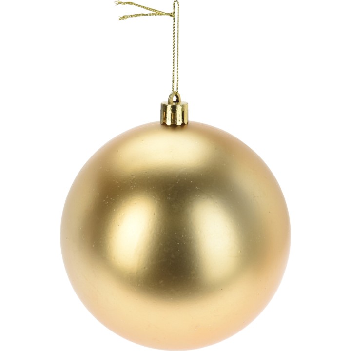 Boule de Noël dorée, lisse et brillante, suspendue par une fine attache métallique.