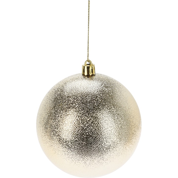 Boules décoratives dorées, brillantes, avec une texture légèrement granuleuse, suspendues.