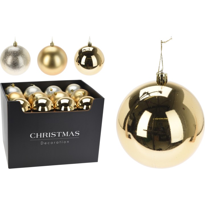 Boules de Noël brillantes dorées et argentées, présentées dans une boîte noire élégante.